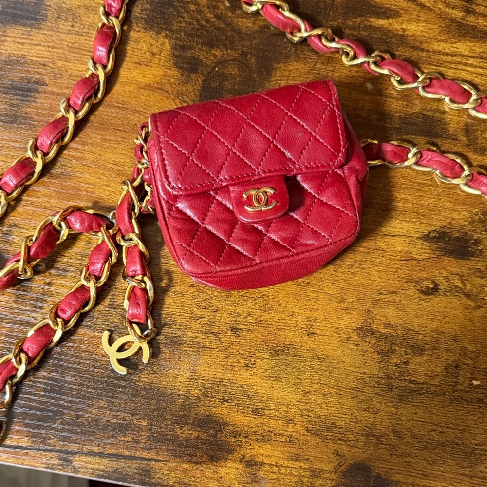 CHANEL Red Quilted Mini Bag with Gold Chain